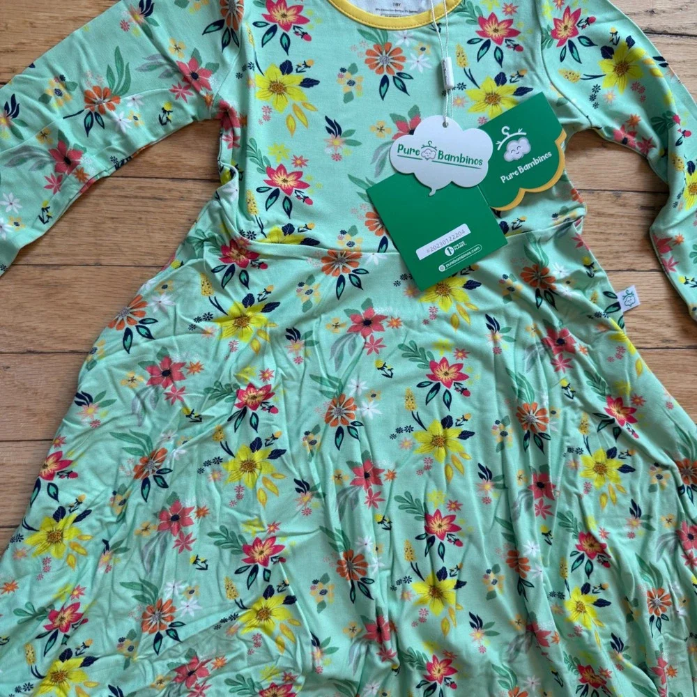 Pure Bambinos Bloom Journey Bamboo Twirl Dress Floral Mint Green Kids 7/8Y NWT